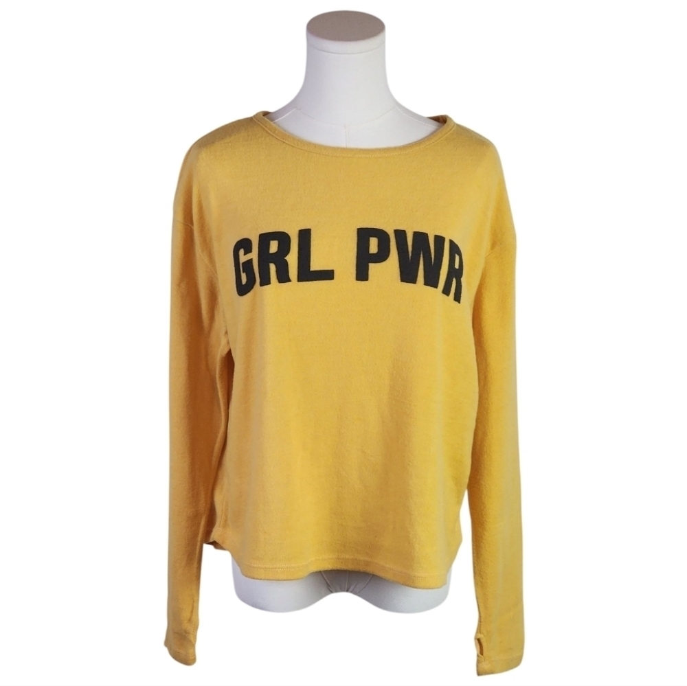 Sadie & Sage GRL PWR Yellow Black Sweatshirt Size S Casual Graphic Long Sleeve